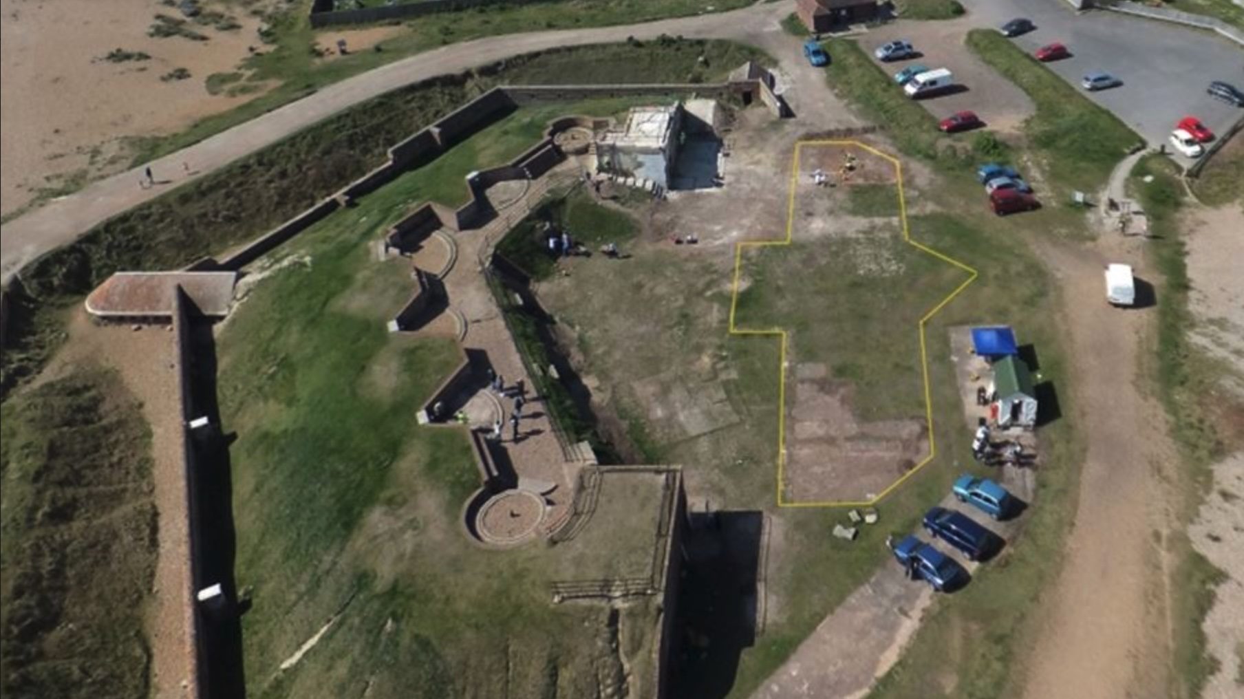 Aerial view of Shoreham fort with barack block outlined